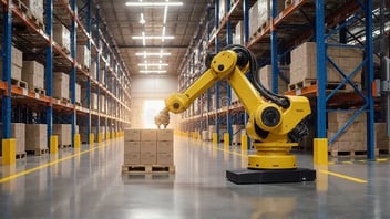 Warehouse optimization layout showing workers, racks, and smart technology improving productivity and reducing costs.