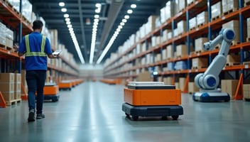 Modern warehouse using automation and robotics to reduce labor costs and improve efficiency in 2025.